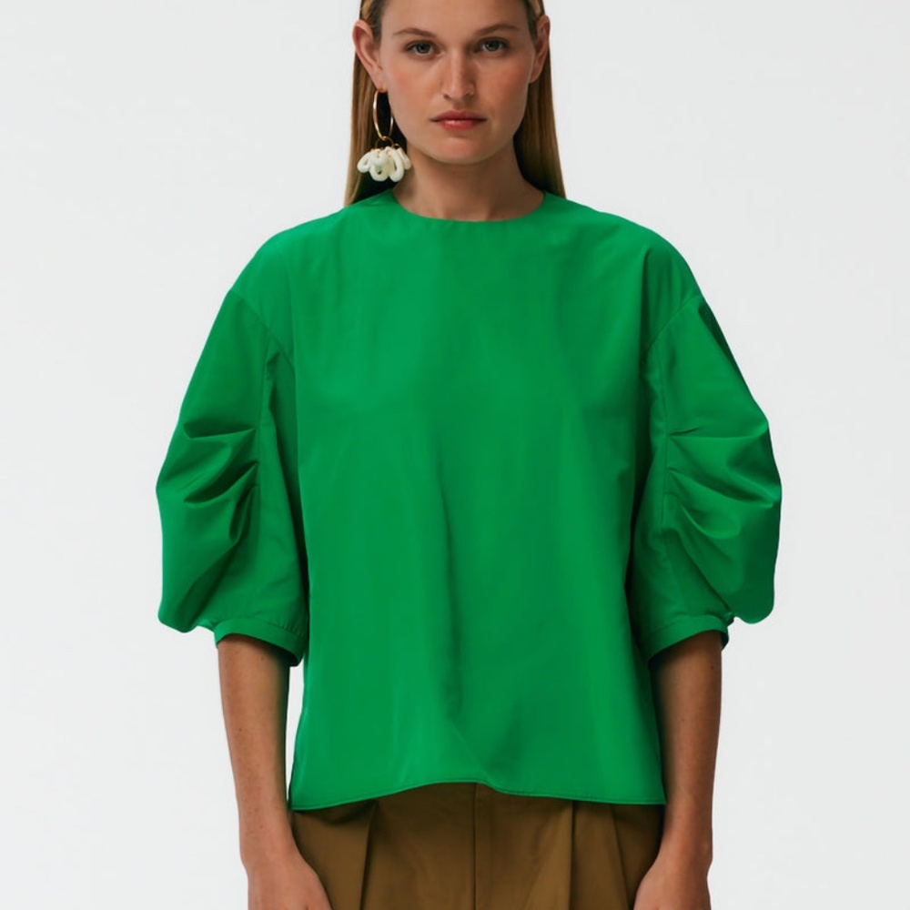 Tibi jadeite green italian sporty nylon pleat sleeve top size 4